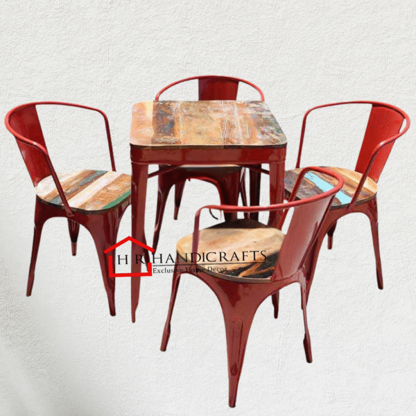 Reclaimed Wood Dining Table with 4 Red Metal Chairs | Rustic Industrial Dining Set