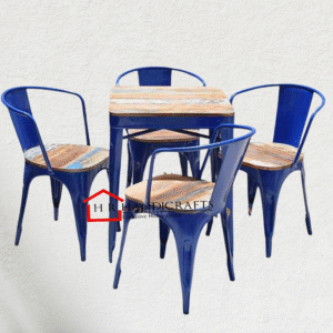 Reclaimed Wood Dining Table with 4 Blue Metal Chairs | Rustic Industrial Dining Set