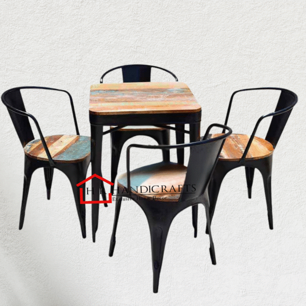 Reclaimed Wood Dining Table with 4 Black Metal Chairs | Rustic Industrial Dining Set