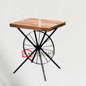 Single Round Wheel Cafe Table | Solid Acacia Wood Bistro Table by HR Handicrafts