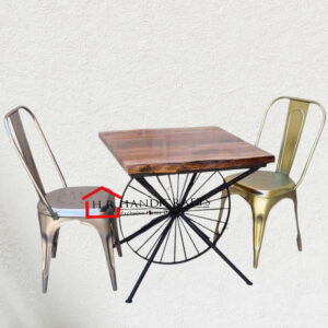 Designer Wheeled Dining Table Set with 2 Tolix Chairs | HR Handicrafts