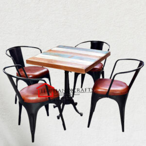 Reclaimed Wood Dining Table Set with 4 Leather Metal Chairs | HR Handicrafts