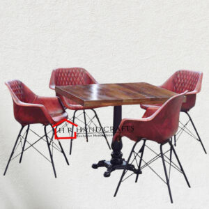 Solid Wood & Cast Iron Dining Table Set with 4 Leather Upholstered Chairs | HR Handicrafts