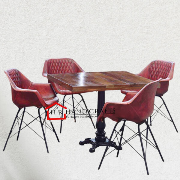 Solid Wood & Cast Iron Dining Table Set with 4 Leather Upholstered Chairs | HR Handicrafts