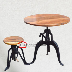 Sturdy Regular Dining Combo with Round Wood Top and Adjustable Cast Iron Base | HR Handicrafts
