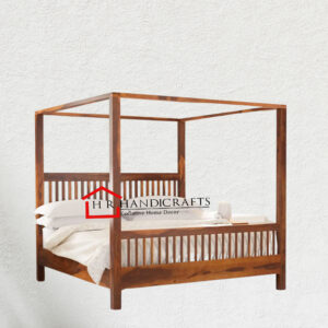 Solid Sheesham Wood Queen Size Poster Canopy Bed in Natural Finish | HR Handicrafts
