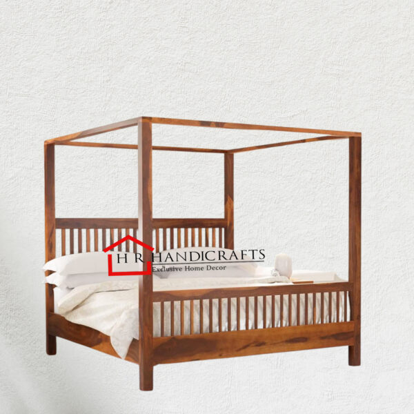 Solid Sheesham Wood Queen Size Poster Canopy Bed in Natural Finish | HR Handicrafts