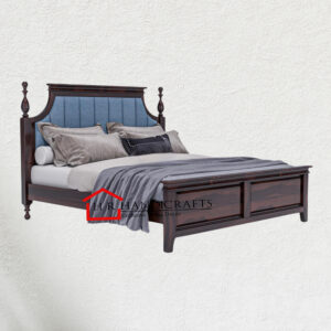 Solid Sheesham Wood Low Height King Size Bed Without Storage with Blue Upholstered Headboard | Walnut Finish | HR Handicrafts