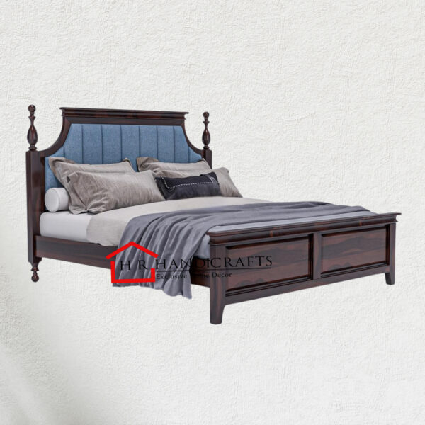 Solid Sheesham Wood Low Height King Size Bed Without Storage with Blue Upholstered Headboard | Walnut Finish | HR Handicrafts
