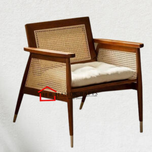 Modern Sheesham Wood Accent Arm Chair with Rattan Cane and Seat Cushion | HR Handicrafts