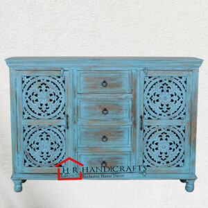 Solid Wood Sideboard in Blue Distress Finish | Scratch Resistant Dining Cabinet by HR Handicrafts