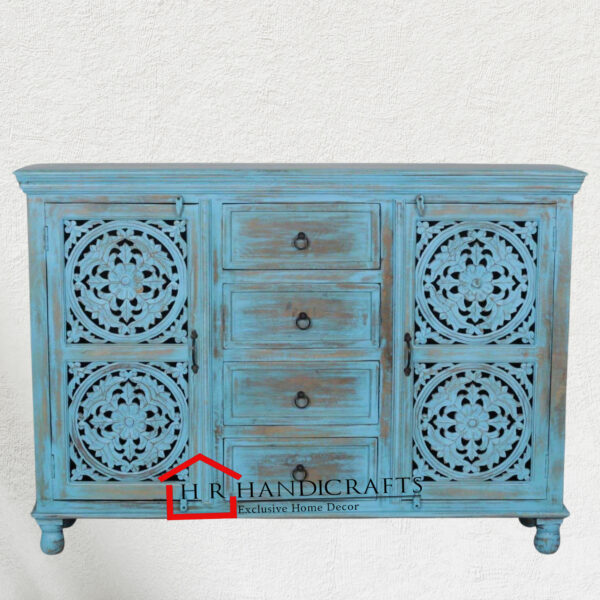 Solid Wood Sideboard in Blue Distress Finish | Scratch Resistant Dining Cabinet by HR Handicrafts