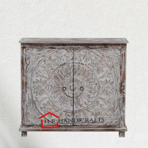 Solid Wood Cabinet in White Distress Finish | Hand-Carved Mango Wood Storage by HR Handicrafts