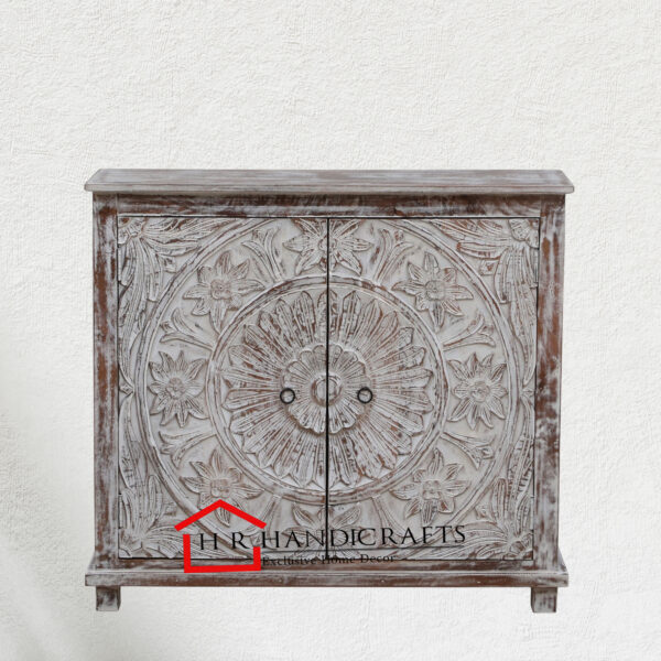 Solid Wood Cabinet in White Distress Finish | Hand-Carved Mango Wood Storage by HR Handicrafts