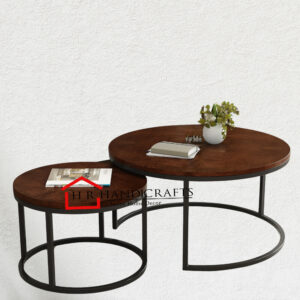 Nested Mango Wood Coffee Table Set in Walnut Finish – Round Metal Base Design by HR Handicrafts