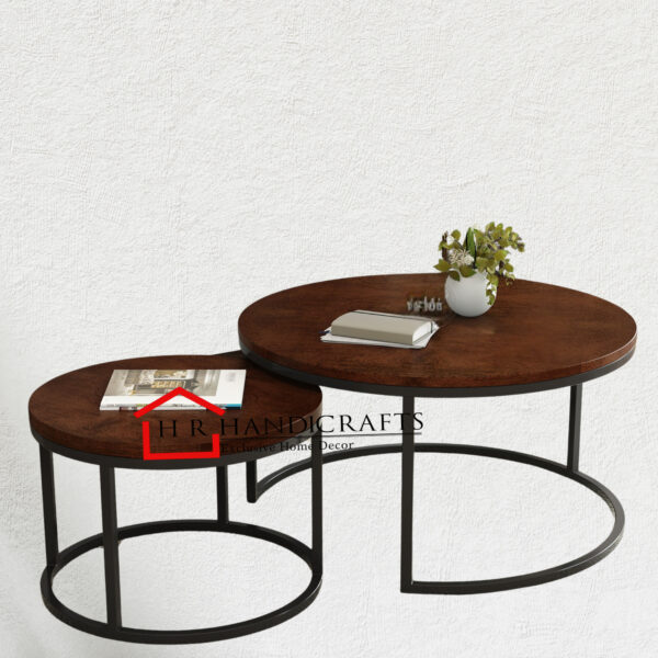 Nested Mango Wood Coffee Table Set in Walnut Finish – Round Metal Base Design by HR Handicrafts