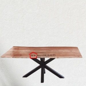 Ethnic India Art Acacia Wood Live Edge Dining Table with Iron Spider Leg