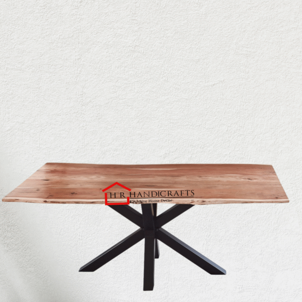 Ethnic India Art Acacia Wood Live Edge Dining Table with Iron Spider Leg